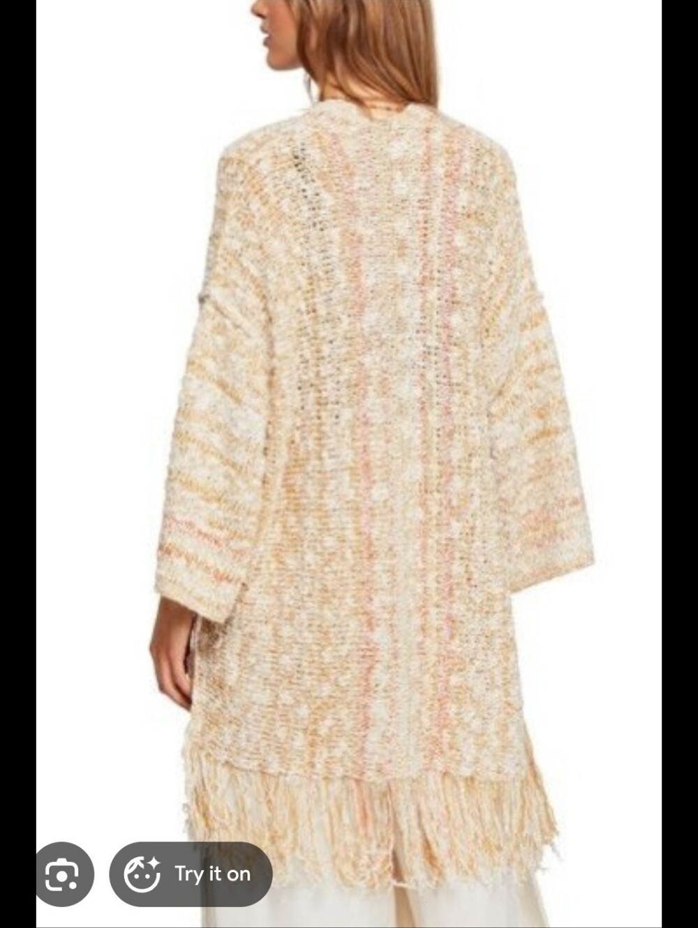 Free People Cream Bouclé Fringe Open-Front Cardigan with Warm Speckles